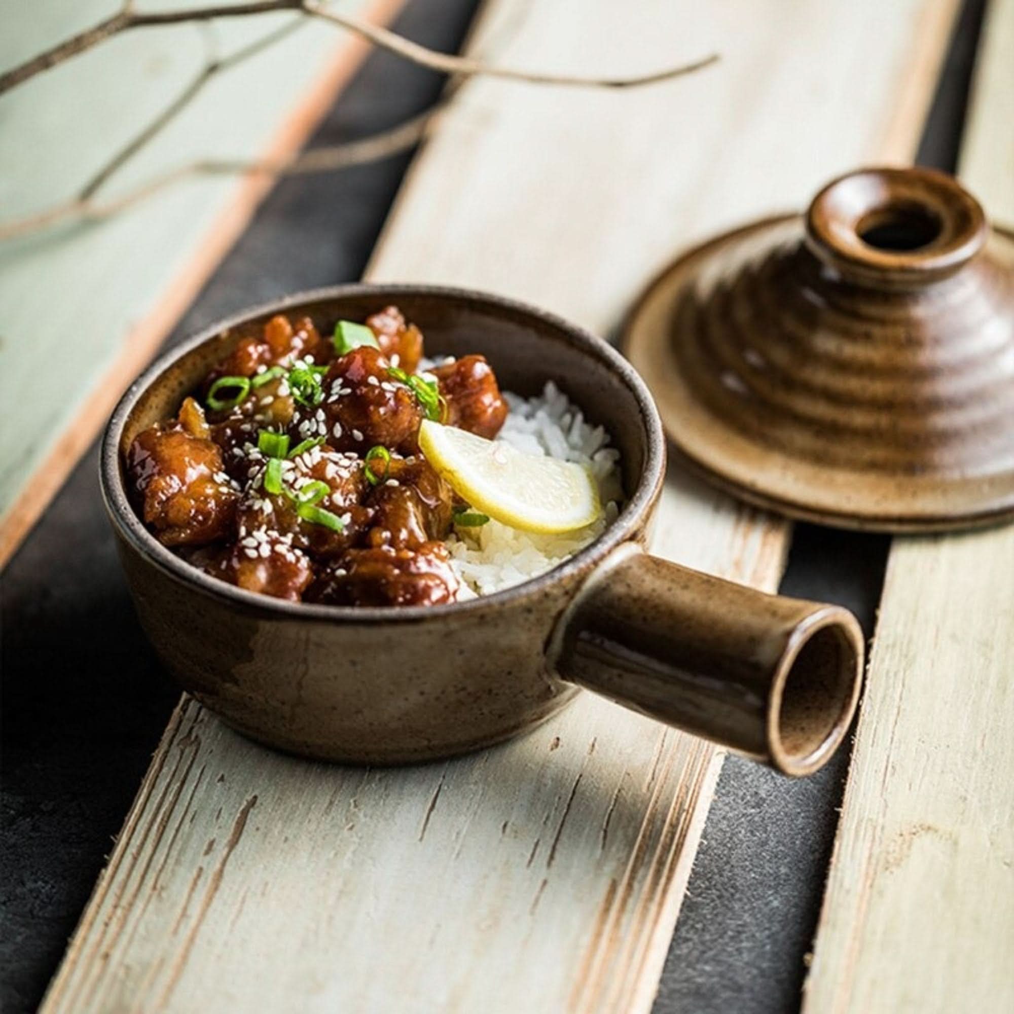 Rustic Nordic Stoneware Glazed Baking Plate with glazed chicken and rice dish.